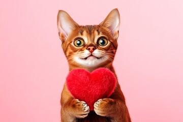 Obraz premium Abyssinian - my preferred cat. Ad concept art. Cute abyssinian young cat with fluffy red heart - sign of love, funny greeting card. Cute heart animal photo. Heartwarming pet photo. Cute pet.
