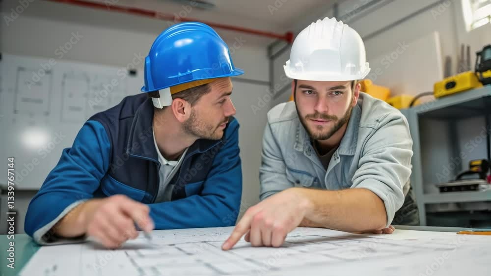 Poster Two engineers, wearing hardhats, are examining and discussing a blueprint spread out on a table in a workshop, pointing at details and collaborating on the project