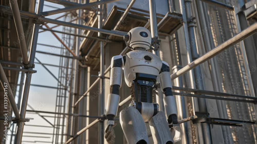 Aufkleber Humanoid robotic system moving through intricate metal scaffolding, showcasing advanced technological integration within complex construction industrial environment