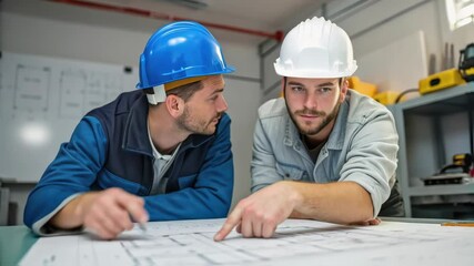 Two engineers, wearing hardhats, are examining and discussing a blueprint spread out on a table in a workshop, pointing at details and collaborating on the project
