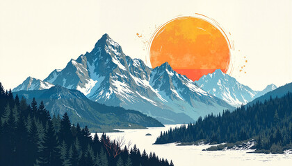Vibrant mountain landscape under orange sun, nature's beauty