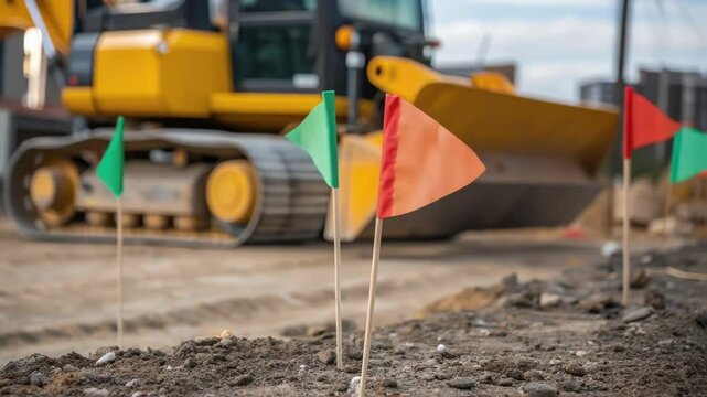 Small orange and green surveyor flags mark boundaries on a construction site, with a bulldozer operating in the background, indicating ongoing groundworks and land surveying activities
