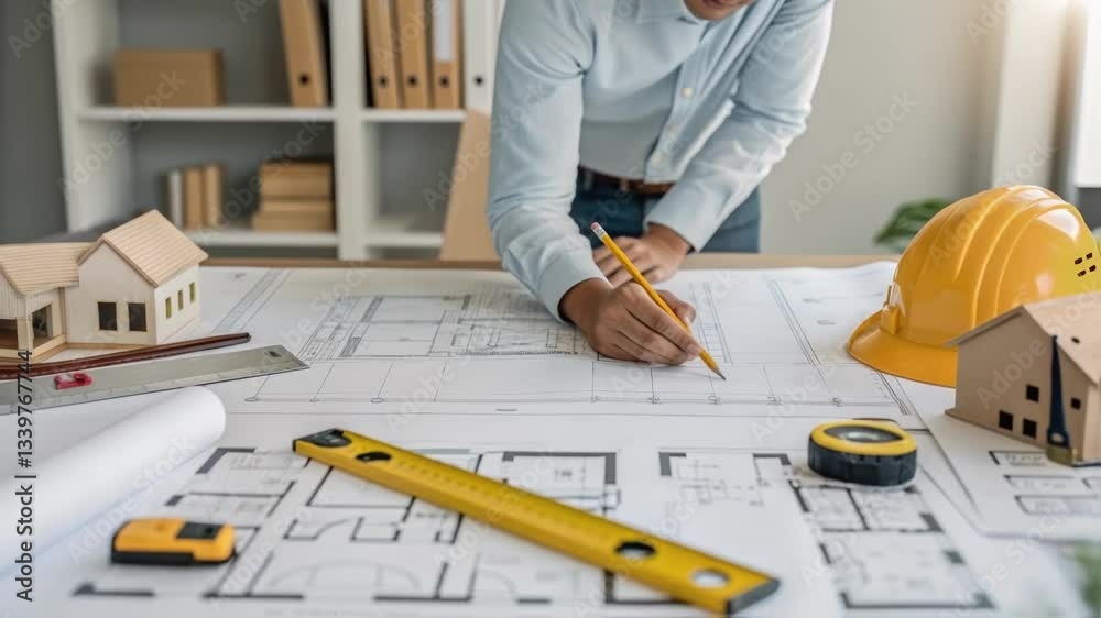 Poster experienced architect carefully drafting architectural blueprints, surrounded by professional design