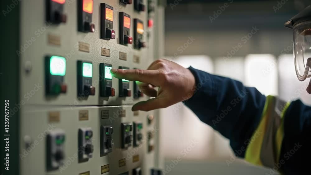 Poster industrial engineer wearing safety helmet and goggles operates control panel, pushing buttons and sw
