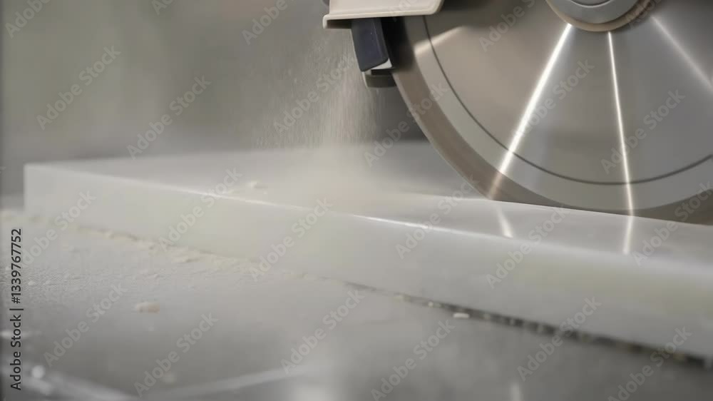 Poster precision manufacturing process revealing white solid surface material being carefully cut by powerf
