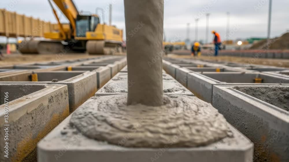 Poster Wet concrete streaming from industrial pump truck, gradually filling precast concrete forms at active construction site with precise engineering and infrastructure development