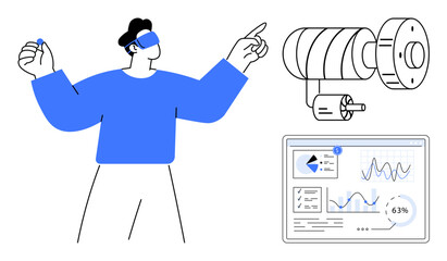Worker using VR headset to monitor virtual industrial machine and performance data with analytics dashboard. Ideal for technology, virtual reality, automation, industry 4.0, innovation, data