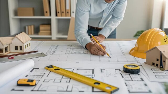 Experienced architect carefully drafting architectural blueprints, surrounded by professional design tools and house model within modern office workspace
