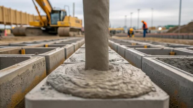 Wet concrete streaming from industrial pump truck, gradually filling precast concrete forms at active construction site with precise engineering and infrastructure development