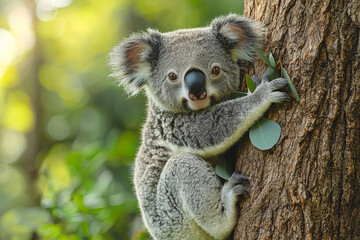 Fototapeta premium A koala clinging to a eucalyptus tree, leaves clutched in its paws. Concept of specialized diets and arboreal lifestyles.