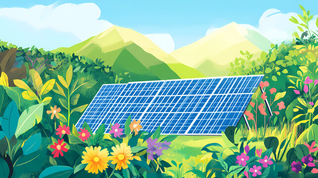 A vibrant garden featuring solar panels and lush greenery against a mountainous backdrop. Rooted Energy. Illustration