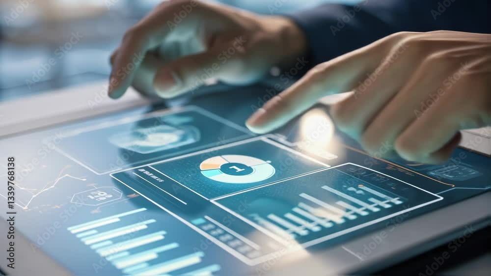 Poster close up of businessman hands browsing holographic futuristic interface on a transparent tablet, ana