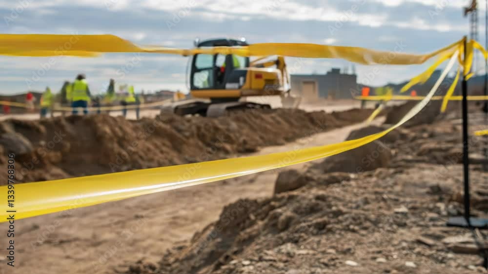 Poster yellow caution tape flaps in the wind in front of an excavator digging a trench on a construction si