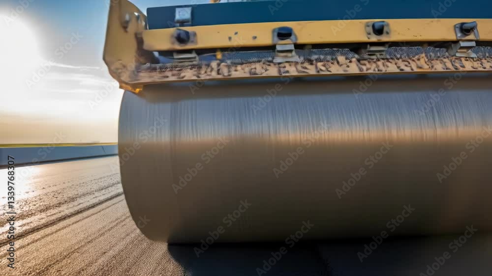 Poster heavy road roller compacting fresh asphalt layer during sunset, creating smooth surface for new infr