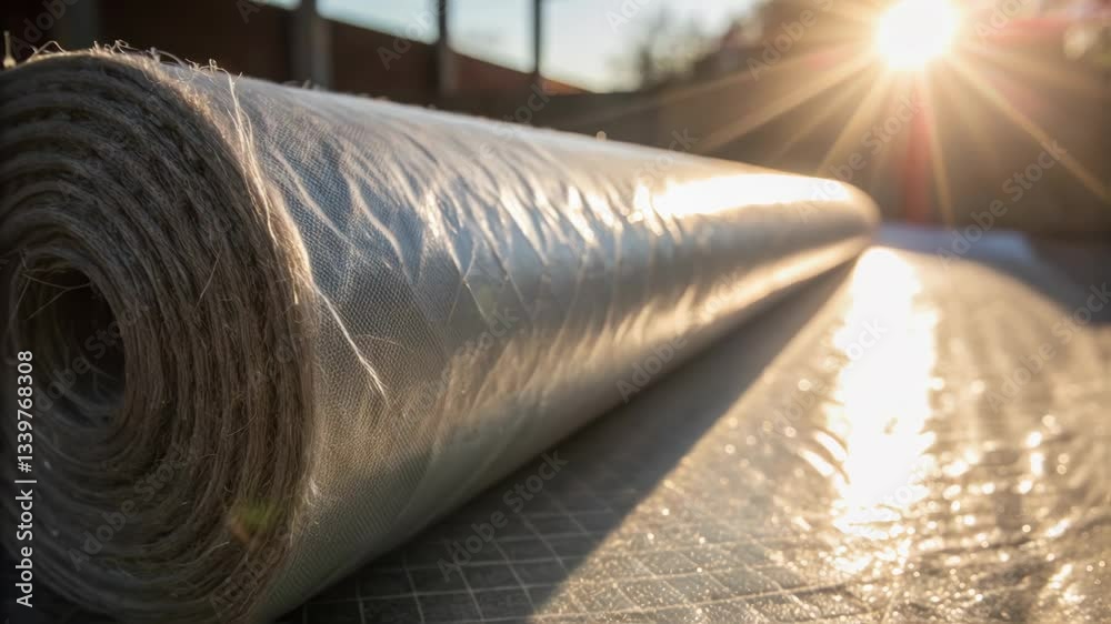 Poster translucent material roll enveloped in natural burlap resting on cutting surface, catching warm suns