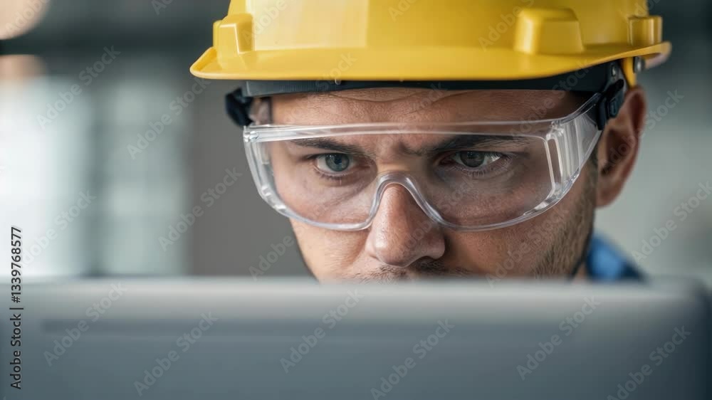 Poster engineer wearing a yellow hard hat and safety glasses is focused on working on a computer, the monta