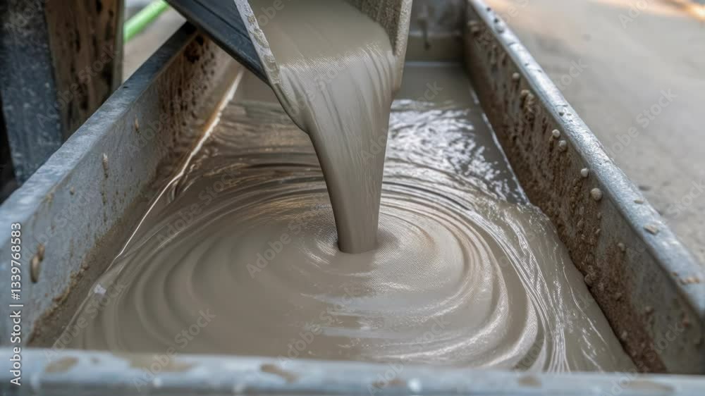 Aufkleber Wet concrete cascading from metal chute into formwork, generating dynamic circular swirls and textured ripples across viscous surface during construction process