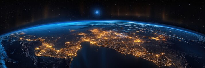 Obraz premium Earth seen from space at night, highlighting city lights, showing the vibrant glow of urban areas against a dark backdrop of space
