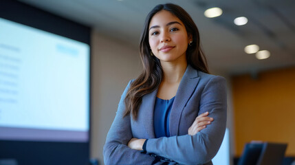 Confident young latina engineer presenting stem ideas in professional setting
