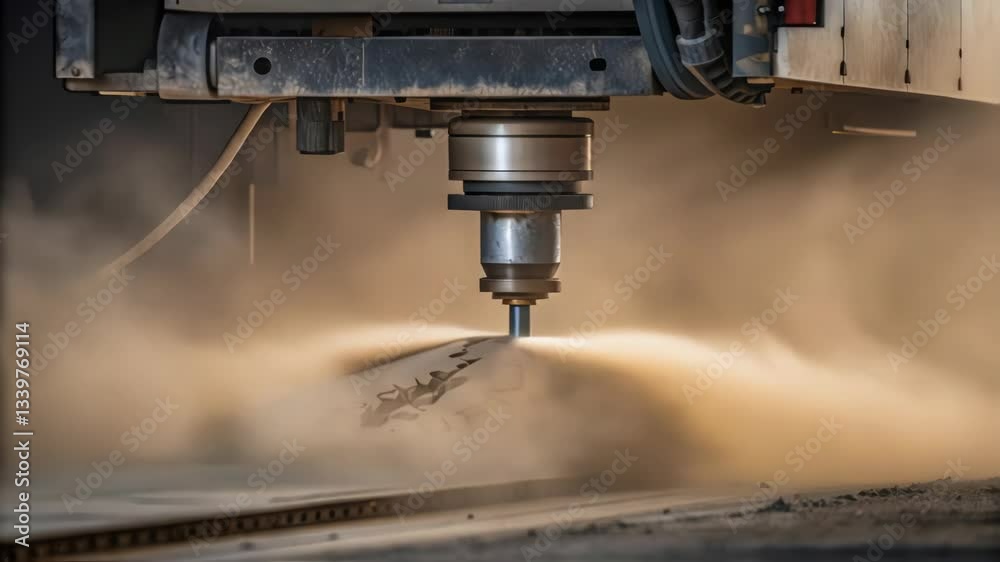 Poster Precision industrial cnc milling machine cutting wooden workpiece, generating swirling dust clouds while demonstrating advanced woodworking manufacturing technology