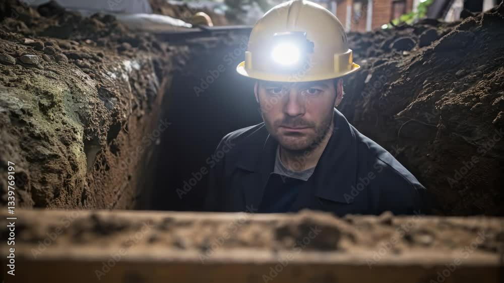 Aufkleber construction worker with headlamp and yellow helmet inspects a ditch, concerned expression on face, 
