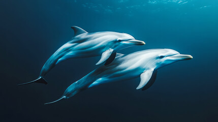 Fototapeta premium Pair of dolphins swimming gracefully in ocean blue
