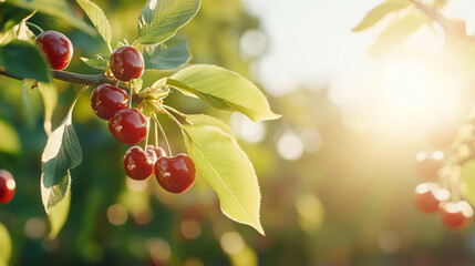 Sunlit cherry tree branch with fresh ripe cherries and leaves