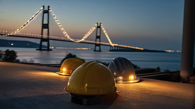Two hard hats, equipped with lights, rest on the concrete surface of the nearly completed bridge, illuminated against the backdrop of the darkening sky