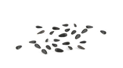 Sunflower seeds pile isolated, black oil sun flower grains group with shell, fresh edible oil seeds heap