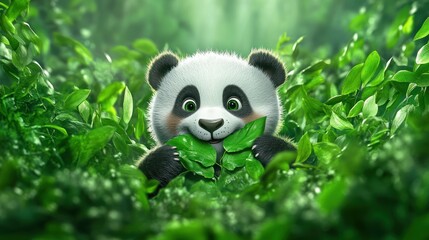 Adorable Panda Cub Enjoying Lush Greenery