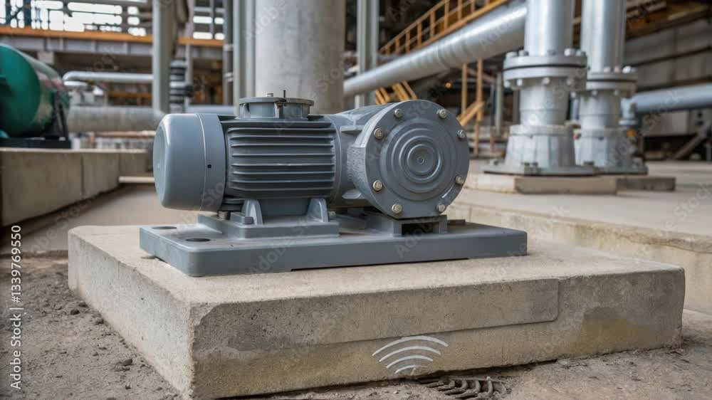 Aufkleber Glowing wireless symbol emerging beneath industrial pump, representing advanced remote monitoring and control technologies within modern processing facility