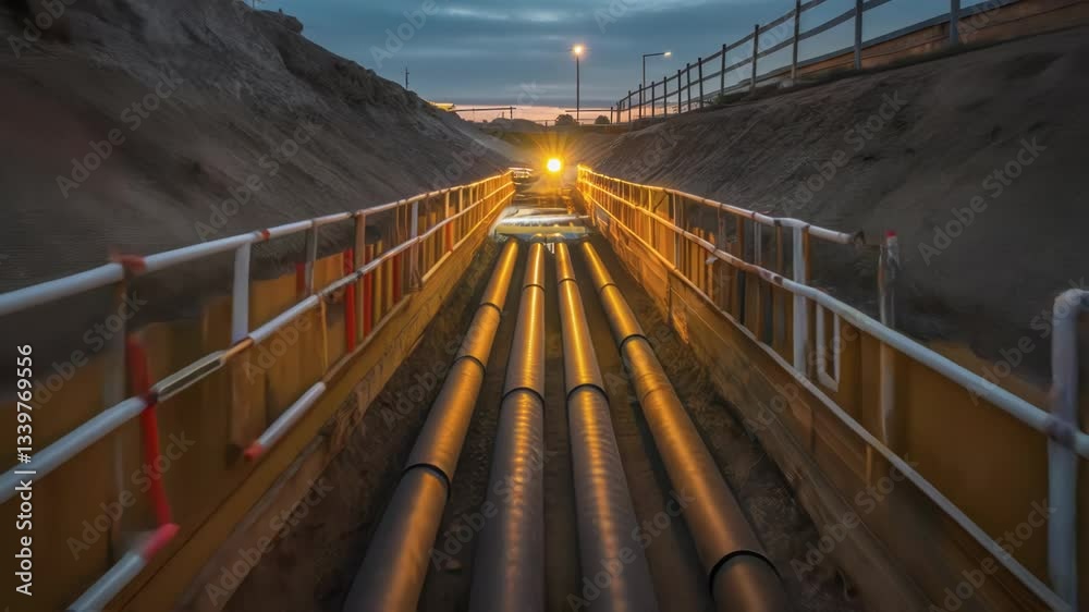 Poster multiple pipelines are being installed underground in a trench at dusk, illuminated by a work light,