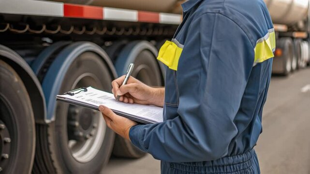 Professional truck driver in uniform meticulously completing a checklist during a pre trip or post trip vehicle inspection, ensuring road safety and compliance regulations