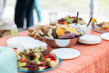 picnic table covered by table cloth with bowl of sliced bagels, platter of fruit, and other food at park picnic on summer day