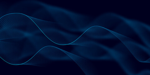 Abstract Blue Wavy Background with Light Effect. Dark Elegant Wave Lines on Black Background. Wave. Vector. Illustration. 