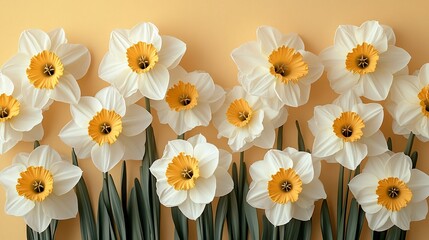 Fototapeta premium White daffodils with yellow centers arranged on a pale orange background.