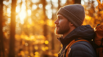 A serene male hiker pausing in a sunlit forest.