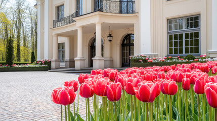 Elegant mansion surrounded by vibrant red tulips in sunlit garden scene