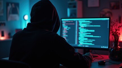 Enter the shadowy world of hacking with a mesmerizing depiction of an anonymous hacker, their back presented in a half-turn, wearing a hoodie, seated in front of a commanding monitor