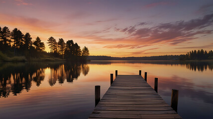 Obraz premium Serene Sunrise on a Calm Lake with Wooden Dock