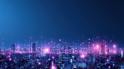 Fototapeta premium Night Cityscape: Digital Network and Urban Lights