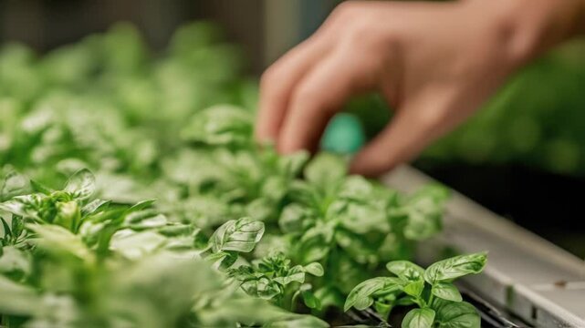 Farmer's skilled hands meticulously examining vibrant green basil plants growing within advanced hydroponic vertical farming environment, carefully monitoring plant health and quality
