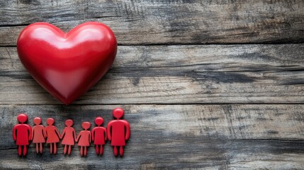 A red heart shape and family figures on wooden background
