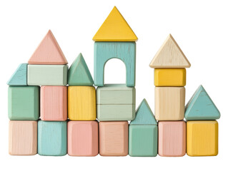 Colorful wooden blocks in playful arrangement and shapes  on transported background	