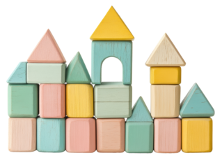 Colorful wooden blocks in playful arrangement and shapes  on transported background	