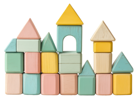 Colorful wooden blocks in playful arrangement and shapes  on transported background	
