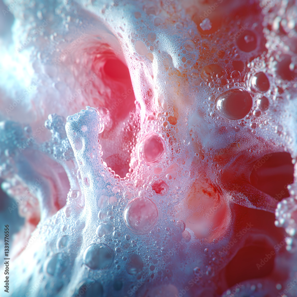 Poster Abstract illustration featuring a flow of viscous pink liquid intertwined with bluish foam and bubbles. Smooth and shimmering surfaces create a fluid effect. Futuristic design with organic forms