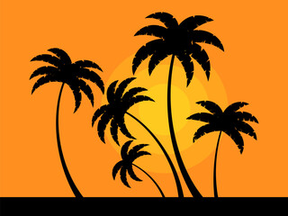 Evening landscape with palm trees. Silhouettes of palm trees at sunset. Tropical summer landscape. Design for advertising brochures, banners, posters, travel agencies. Vector illustration