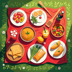 Colorful picnic spread with various foods and drinks, outdoor gathering