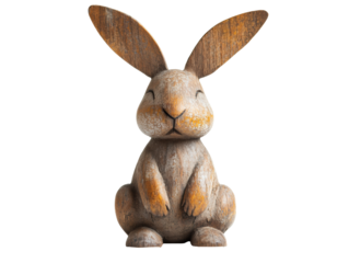 Wooden bunny sculpture with expressive features and natural texture  on transported background	